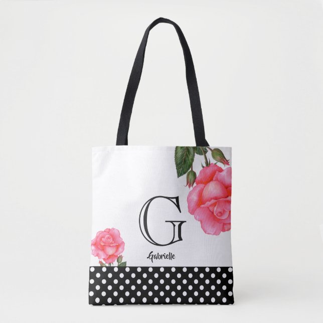 Farbrosa Rosen Blumenrosen Monogramm Tasche (Vorderseite)