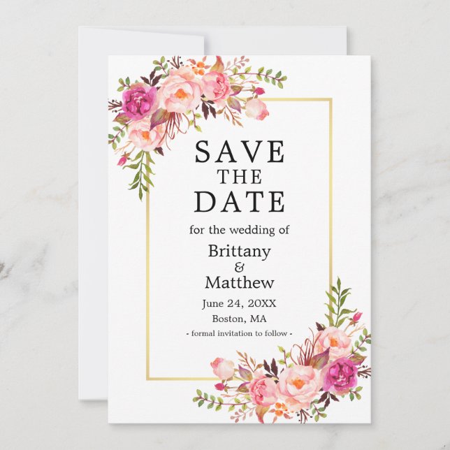 Farbrosa Rosen Gold Rahmen Save the Date (Vorderseite)