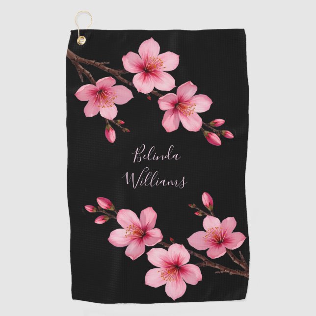 Farbrosa Schwarzer Kirschblossom Monogramm Golfhandtuch (Vorderseite)