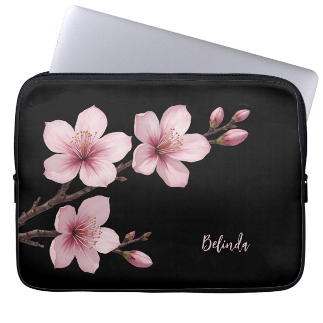 Farbrosa Schwarzer Kirschblossom Monogramm Laptopschutzhülle (Vorderseite)