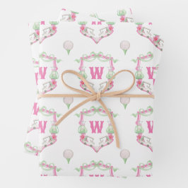 Farbrosa und grüner Golfkart Monogram Wappen Geschenkpapier Set