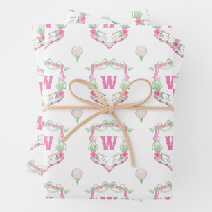 Farbrosa und grüner Golfkart Monogram Wappen Geschenkpapier Set