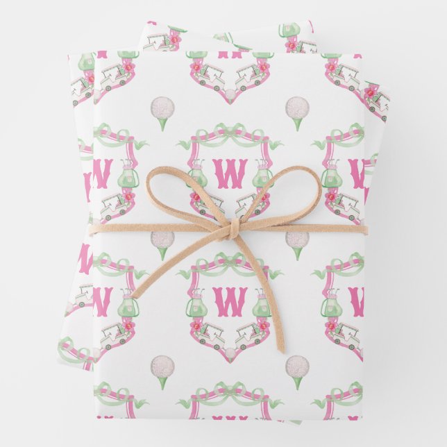 Farbrosa und grüner Golfkart Monogram Wappen Geschenkpapier Set (Beispiel)