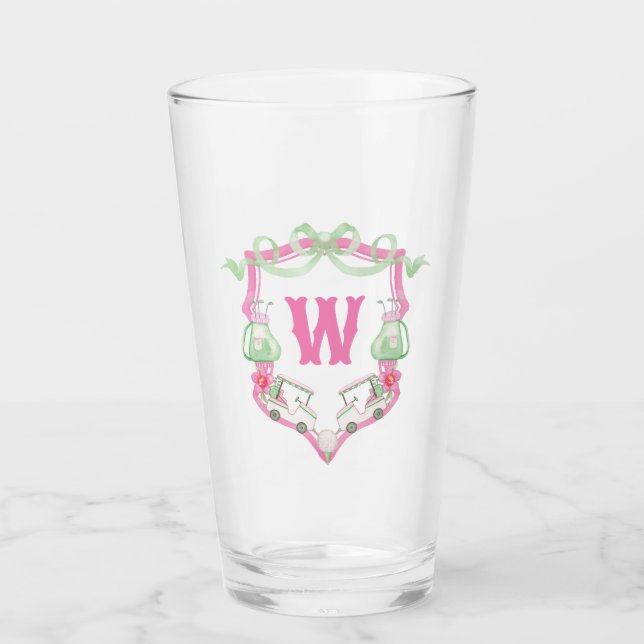 Farbrosa und grüner Golfkart Monogram Wappen Glas (Vorderseite)