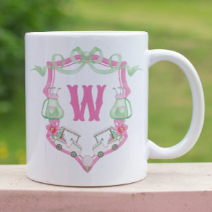 Farbrosa und grüner Golfkart Monogram Wappen Kaffeetasse