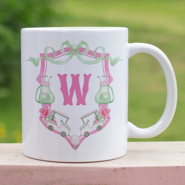 Farbrosa und grüner Golfkart Monogram Wappen Kaffeetasse (Von Creator hochgeladen)