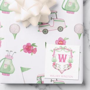 Farbrosa und grüner Golfkart Monogram Wappen Mitteilungskarte