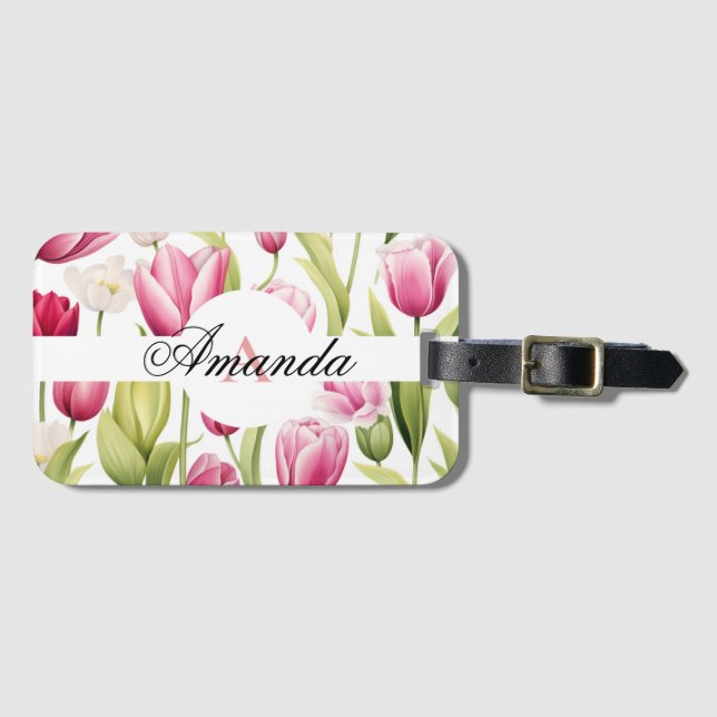 Farbrosa und weiße Monogramm-Tulip-Muster Gepäckanhänger (Vorderseite (Horizontal))