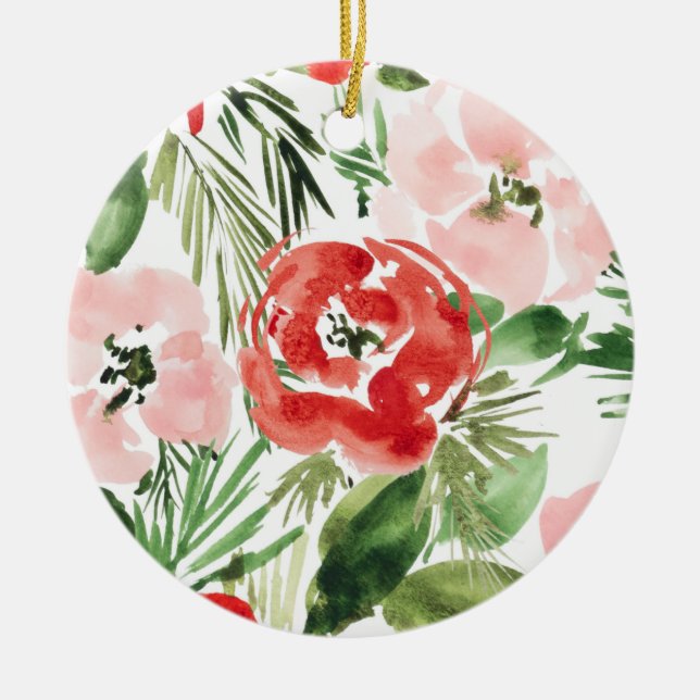 Farbrot und rosa Blumendesign Keramik Ornament (Vorne)