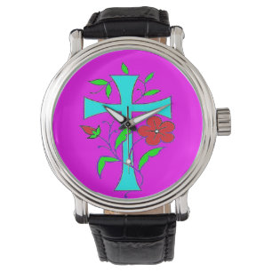 Farbrötung pink mit rot-blauem Kreuz der Blume Armbanduhr