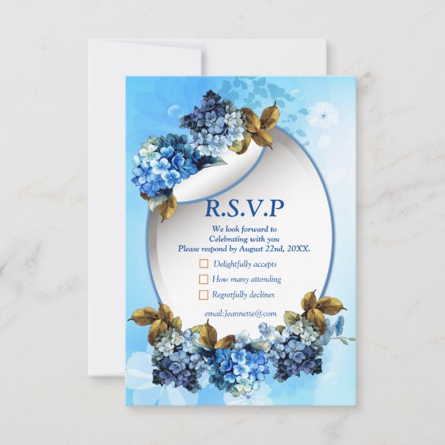 Farbschattierungen von Blue Watercolor Hydrangeas RSVP Karte (Vorderseite)