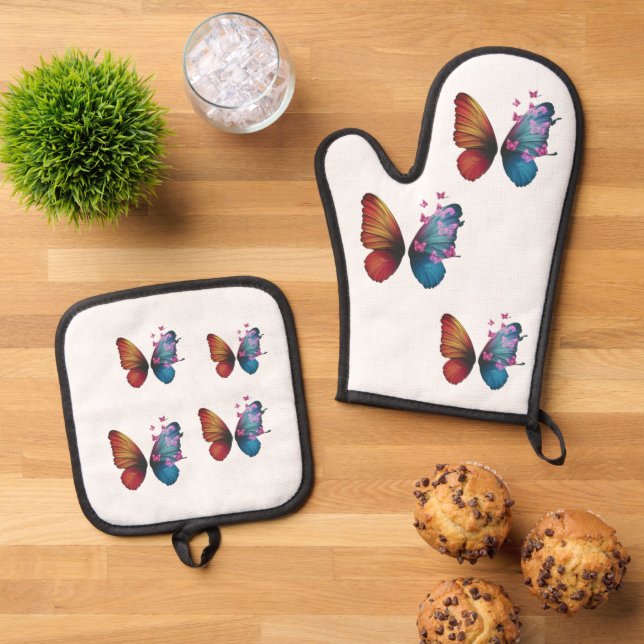 Farbschmetterling Ofenhandschuh & Topflappen-Set (Oben Unten)