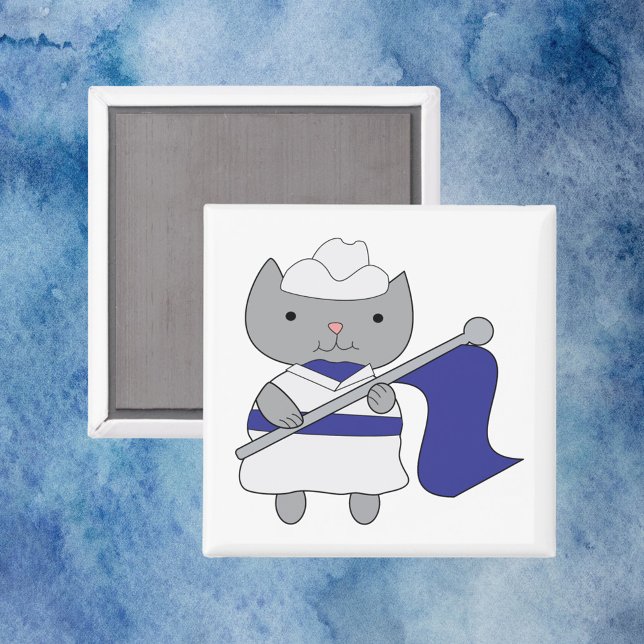 Farbschutz der Katze Blau Weiß Magnet (A magnet with a gray kitty cat wearing a blue and white color guard uniform.)