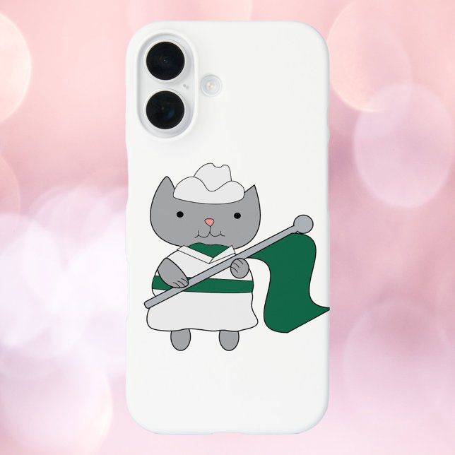Farbschutz der Katze grün iPhone 16 Hülle (A phone case with a gray cat wearing a green and white color guard uniform.)