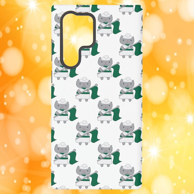 Farbschutz Grün und Weiß Samsung Galaxy Hülle (A phone case with a gray cat in a green and white color guard uniform.)