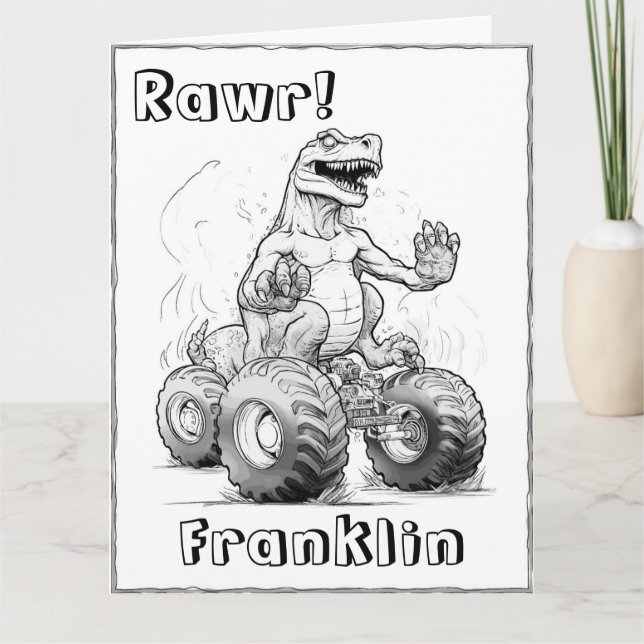 Farbseite Cool Dinosaurier Monster Truck Geburtsta Karte (Vorderseite)