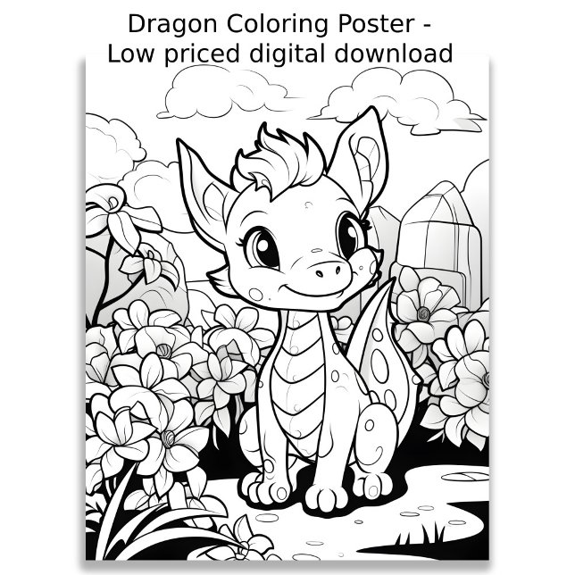 Farbseite - Niedlicher Drache, Farbe für sich Poster (Image shows a cute dragon poster in black and white that is designed to be colored in by hand.)