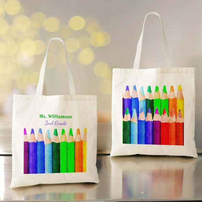 Farbstifte zurück zum Namen des Schullehrers Tragetasche (custom front and back tote bag design)