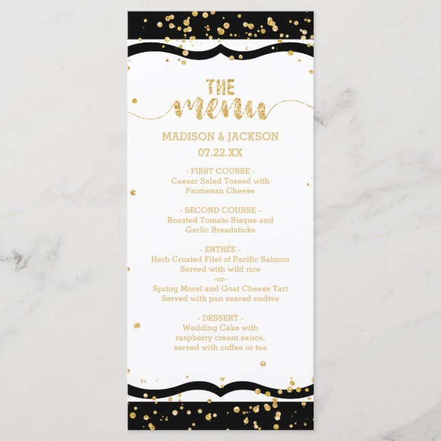 Farbstreifen und goldenes Konfetti-Hochzeitsmenü Menükarte (Vorderseite)