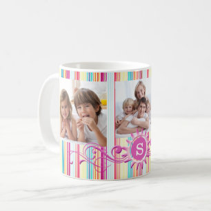 Farbstreifen und Monogramm: Drei Fotos Kaffeetasse