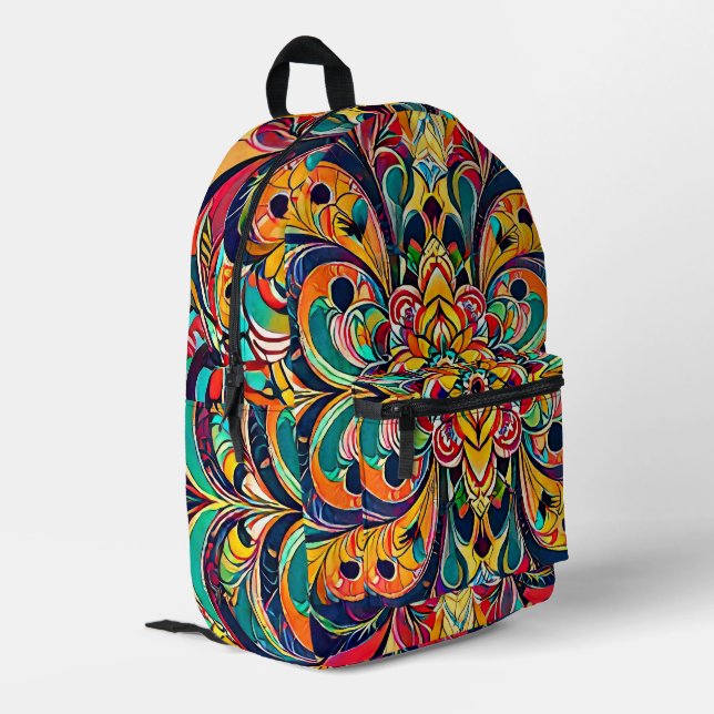 Farbsymphonie Mandala – Kräftige psychedelische Bl Bedruckter Rucksack (Rückseitige Ecke links)