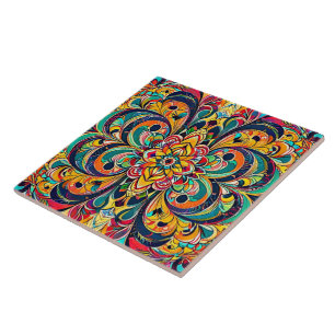 Farbsymphonie Mandala – Kräftige psychedelische Bl Fliese