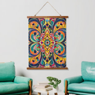 Farbsymphonie Mandala – Kräftige psychedelische Bl Wandteppich Mit Holzrahmen