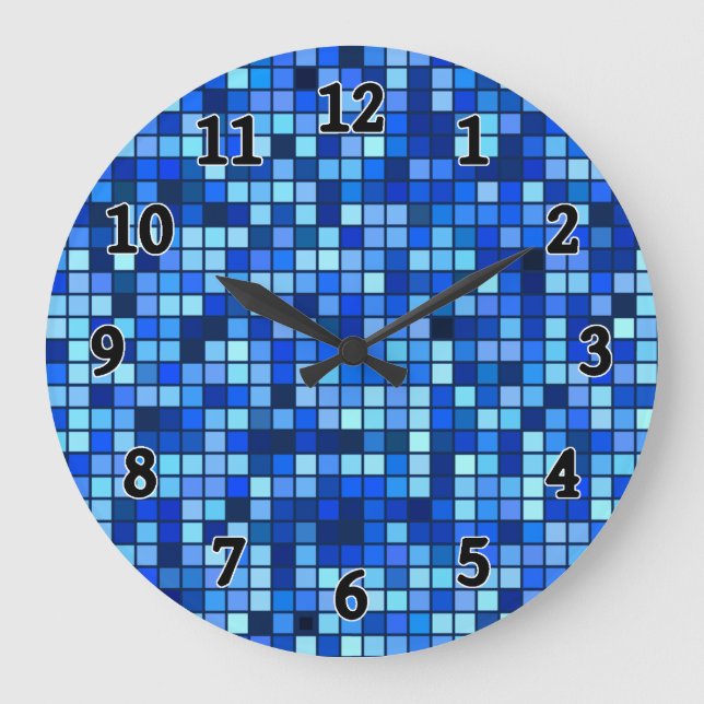 Farbtöne des Blau- und Schwarz-Quadrate-Musters Große Wanduhr (Vorderseite)