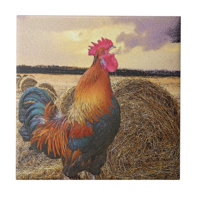 Farbvolle Crowing Rooster und Hay Bales Fliese (Vorderseite)