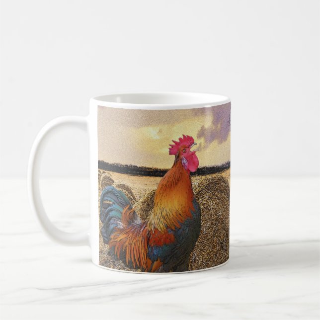 Farbvolle Crowing Rooster und Hay Bales Kaffeetasse (Links)
