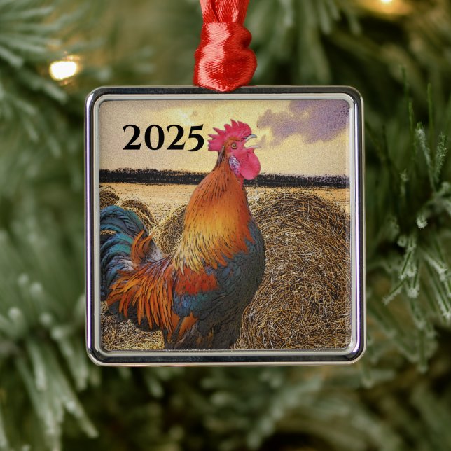 Farbvolle Crowing Rooster und Hay Bales Ornament Aus Metall (Baum)