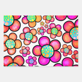 Farbvolles Muster der Doodle-Blume der 70er Jahre Geschenkpapier Set