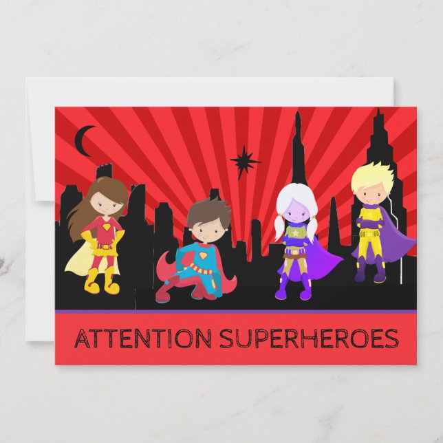 *~* Farbvolles SUPERHEROS Fett Kindergeburtstag Pa Einladung (Vorderseite)