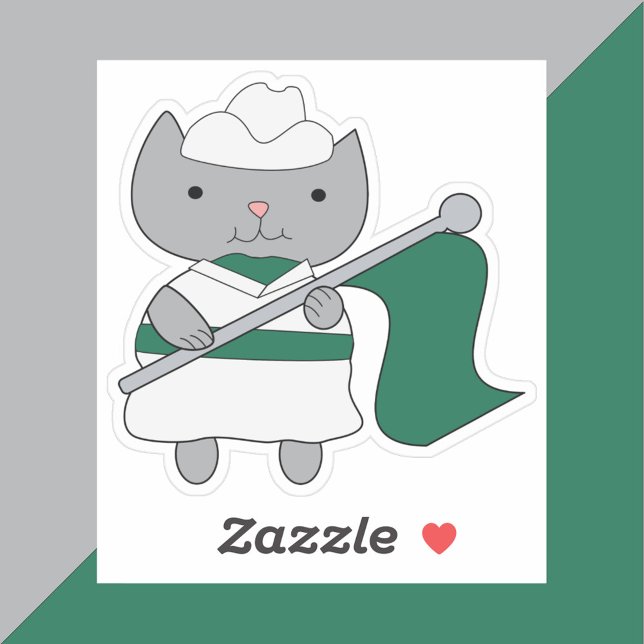 Farbwächter Katzenparade grün Aufkleber (A sticker of a cat wearing a green and white color guard uniform holding a green flag.)