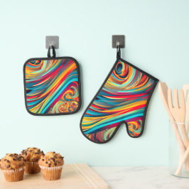 Farbwellenfusion – Moderne abstrakte Wirbelkunst Ofenhandschuh & Topflappen-Set