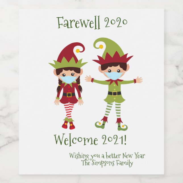 Farewell 2020 Willkommen 2021 Holiday Elf Wein Weinetikett (Einzelnes Label)