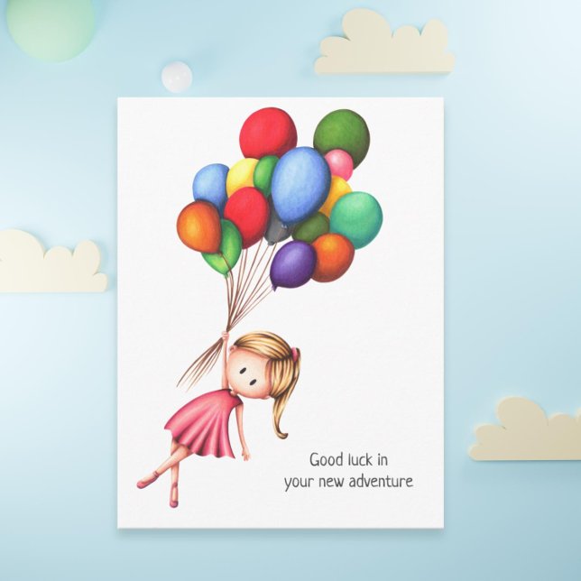 Farewell Girl mit farbenfrohen Balloons Personalis Postkarte (Adorable farewell postcard with a girl and balloons)