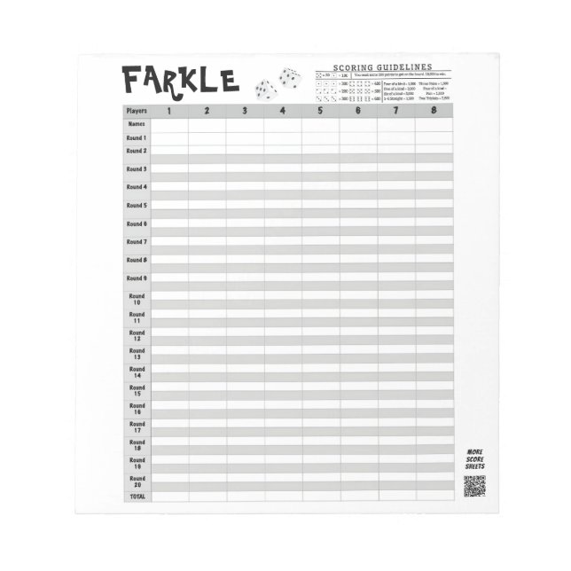 Farkle Score Sheets mit Regeln einfach wegreißen Notizblock (Vorderseite)