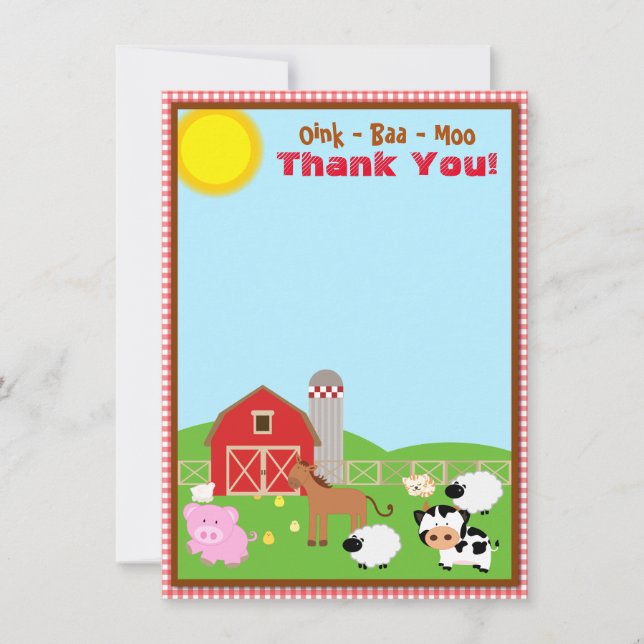 Farm Animal Barnyard Birthday Baby Dusche Dankeskarte (Vorderseite)