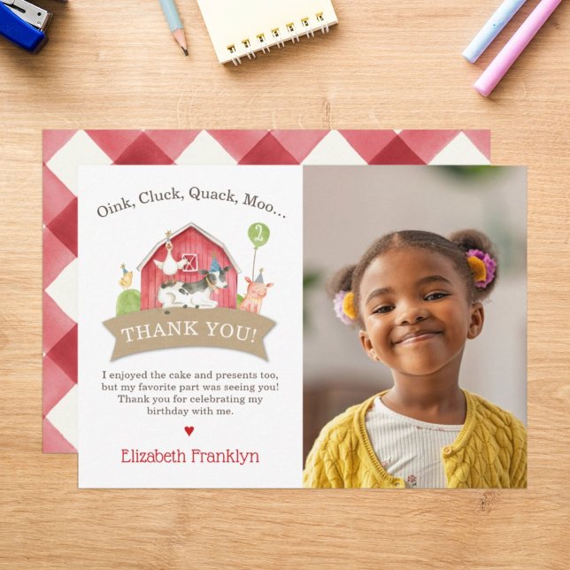 Farm Animal Birthday Party Roter Karo Junge oder M Dankeskarte (Von Creator hochgeladen)