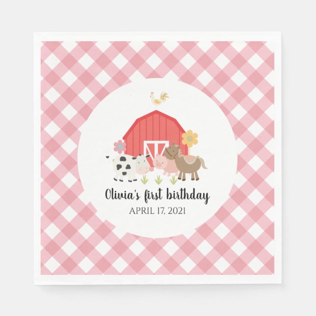 Farm Animal Birthday Party Servietten rosa kariert (Vorderseite)
