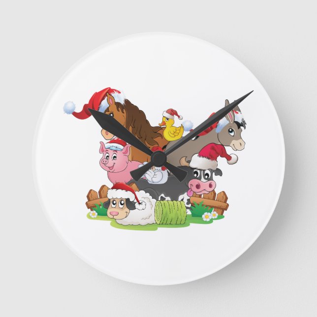 Farm Animal Christmas Runde Wanduhr (Vorderseite)