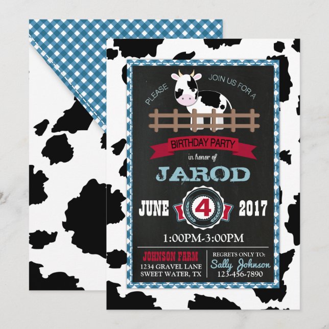 Farm Animal Cowhide Gingham Country Boy Birthday Einladung (Vorne/Hinten)