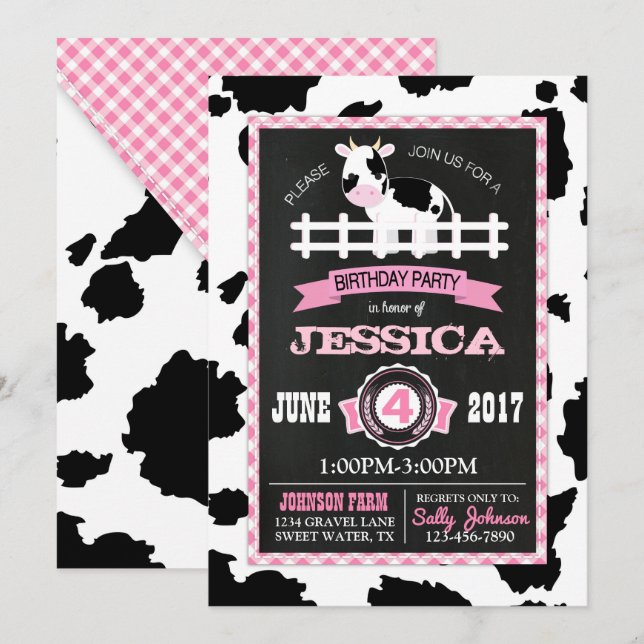 Farm Animal Cowhide Gingham Country Girl Birthday Einladung (Vorne/Hinten)