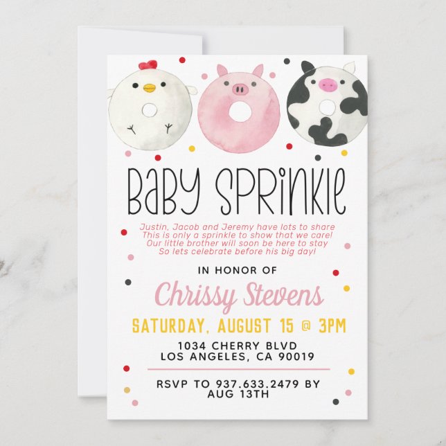 Farm Animal Donut Baby Sprinkle Dusche Einladung (Vorderseite)