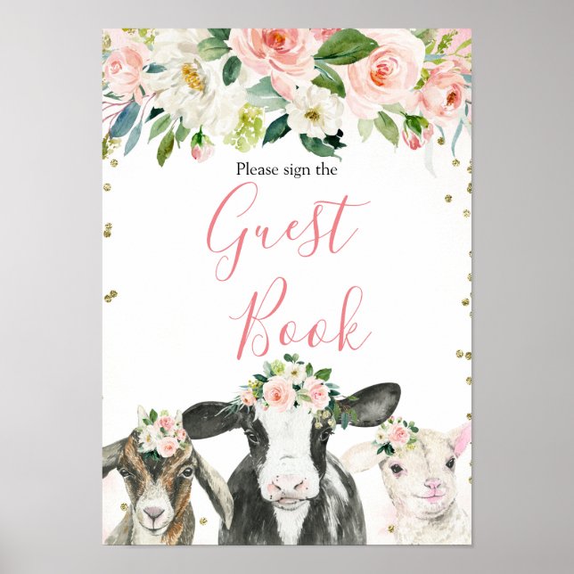 Farm Animal Floral Girl Baby Shooting Guest Book Poster (Vorne)