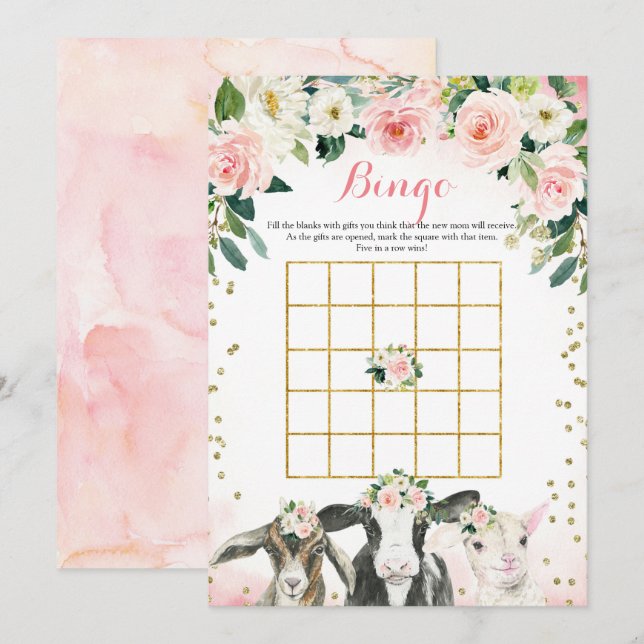 Farm Animal Floral Girl Bingo Game Card Einladung (Vorne/Hinten)