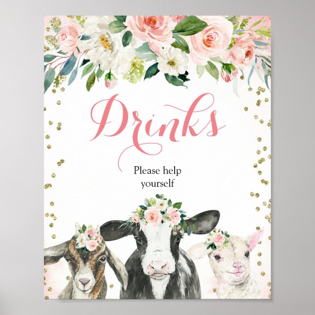 Farm Animal Floral Girl trinken Zeichen Poster (Vorne)