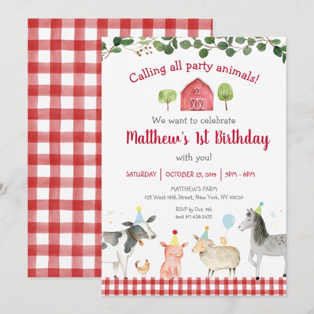 Farm Animal Greenerity 1. Geburtstag Einladung (Vorne/Hinten)