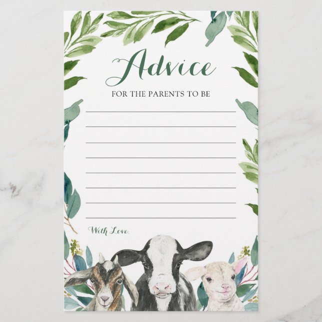 Farm Animal Greenery Boy Baby Shower Advice Card (Vorderseite)